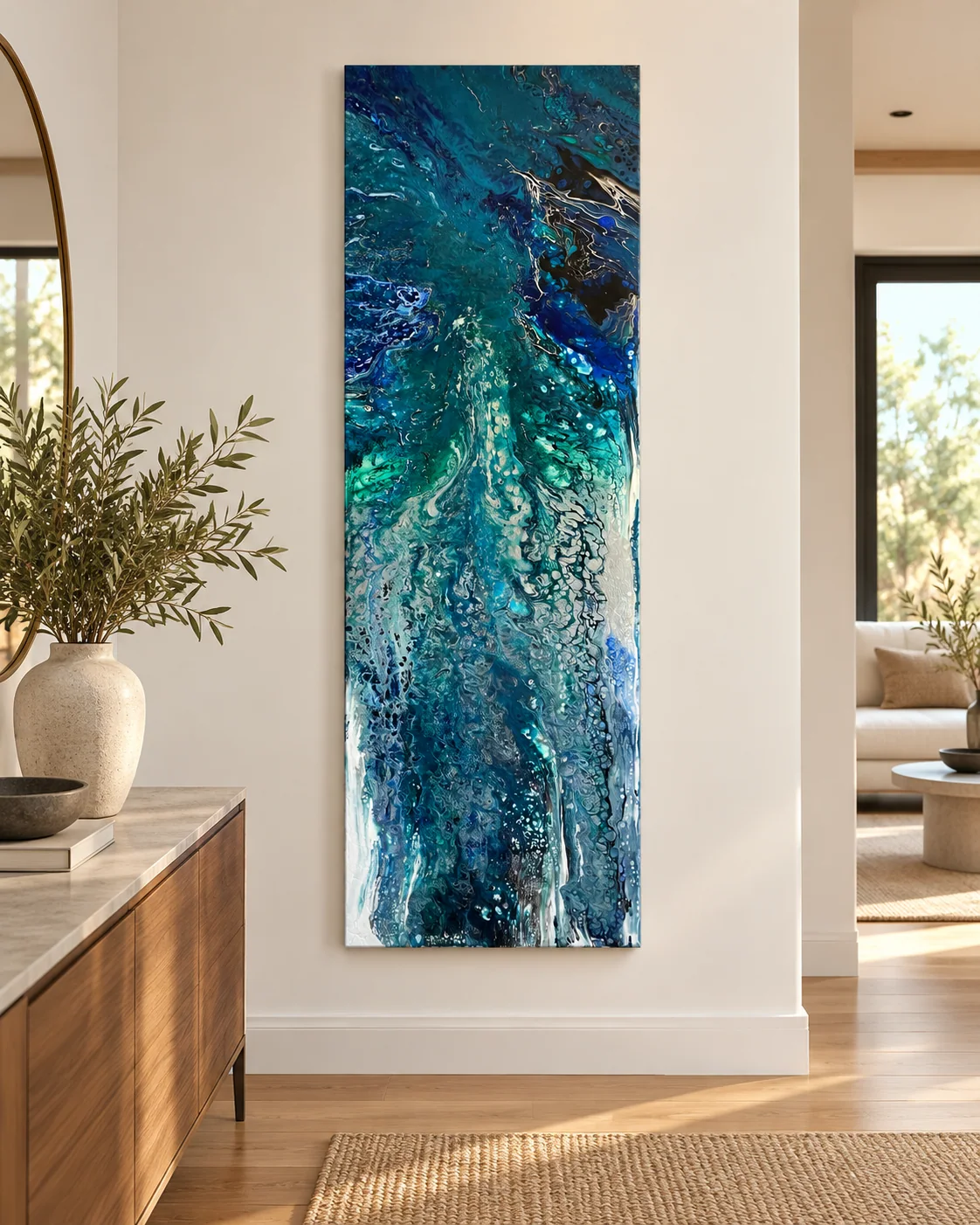 Océan Maps, tableau original bleu dans un intérieur contemporain